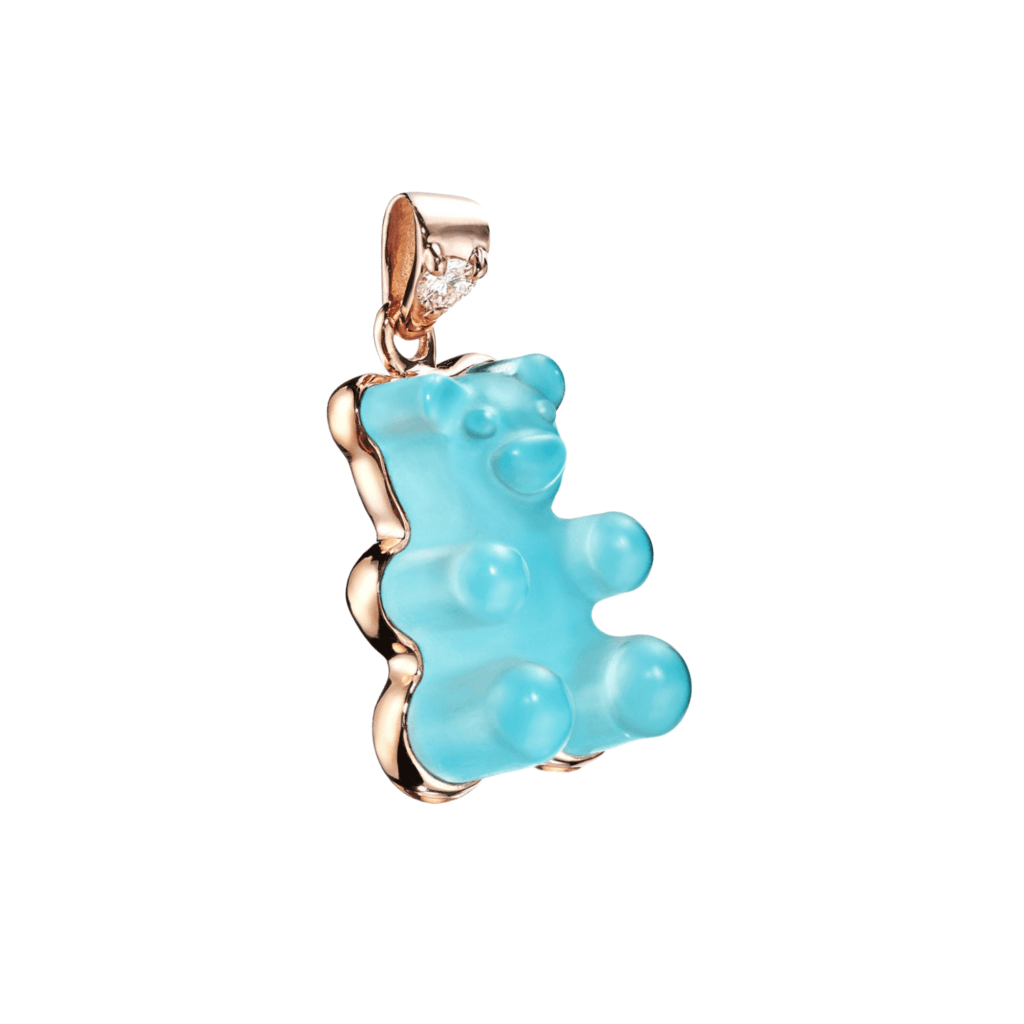 Gemmy Bear Colours hanger roodgoud met diamant - Gb turquoise en bergkristal - #1 Gemmy Bear Colours hanger roodgoud met diamant - Gb turquoise en bergkristal - #1
